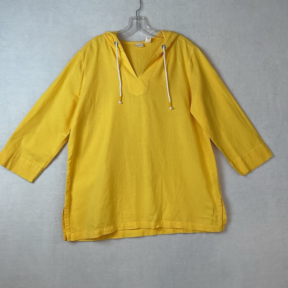 Westbound Pullover Top Womens L Yellow Hood Linen Cotton Blend 3/4 Sleeves